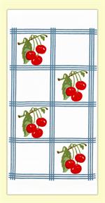 Red and White Kitchen Country Cherry Towel with Blue Tiles #VL74  Vintage-look, country-style flour sack towel with blue tile squares and clusters of bright red cherries. Measures 17
