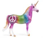 Keep the Peace is decorated in a rainbow of colors that appear to be tie dyed, complimented by golden accents. He features a large peace sign on his right hip.