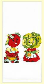 This design has been with our company from the start and still is one of our top sellers! Our Veggie couple is adorable and endurable. 100% Cotton Flour Sack kitchen towel