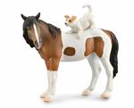 This figurine model is the first time that CollectA is taking a fanciful look at companionship between a little mixed breed dog and a gentle pony mare. The little dog invites the mare to play from up on top of her back. It shows the closeness of animals.